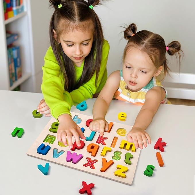 Alphabet Puzzle Wooden Puzzles for Toddlers 3 4 5 Year Old, ABC Puzzle Shape Alphabet Learning Puzzles Toys with Puzzle Board & Letter Blocks for Preschool Girls Boys Lowercase Letter Puzzle