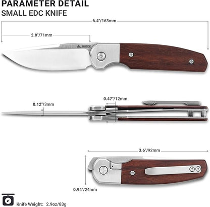 Small EDC Knife 2.8", Pocket Knife D2 Steel Point Blade Wood Handle - flipper Folding Knife for Men Women - Daily Carry Office Camping Hiking
