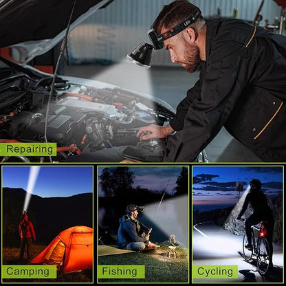 Rechargeable LED Headlamp with Flood and Spot Beam, Power Display, 5 Lighting Modes, Ultra Bright High Lumen Waterproof Head Torch for Camping, Hiking, Running, Fishing, Hunting, Outdoor Activities