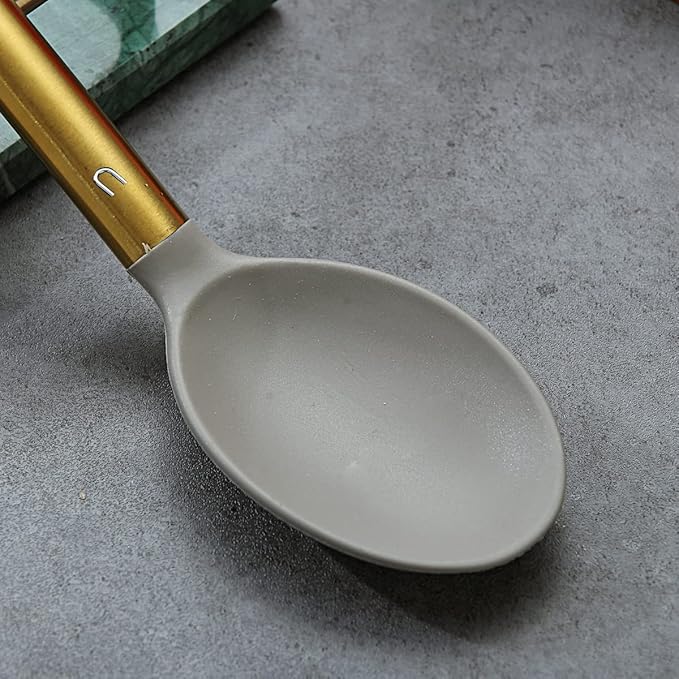 Berglander Non-stick Silicone Solid Serving Spoon, Titanium Gold Plating handle