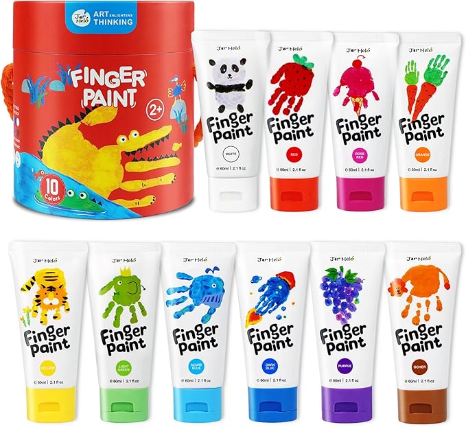 Jar Melo Washable Finger Paints for Toddlers, 10 Colors Large Capacity (2.1fl oz), Non Toxic Baby Paint for Hand and Feet, Safe Art Supplies, Preschool Learning Gifts for Kids Age 2+