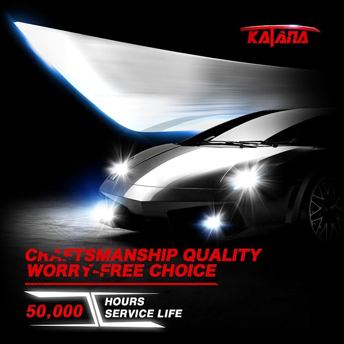 Katana 9007/HB5 Bulbs, 6500K White 400% Brightness High/Low Beam Plug and Play Mini Size Fog Light Bulb of 2