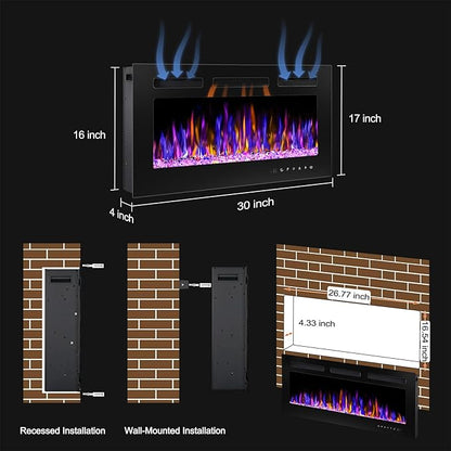 30" Electric Fireplace Wall Mounted and Recessed