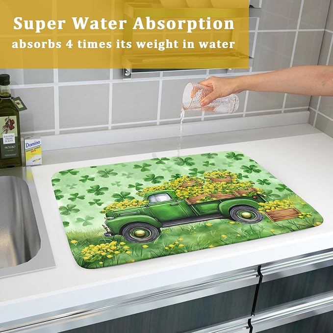 Green Holiday Dish Drying Mat Lucky Clover Truck Drying Mat
