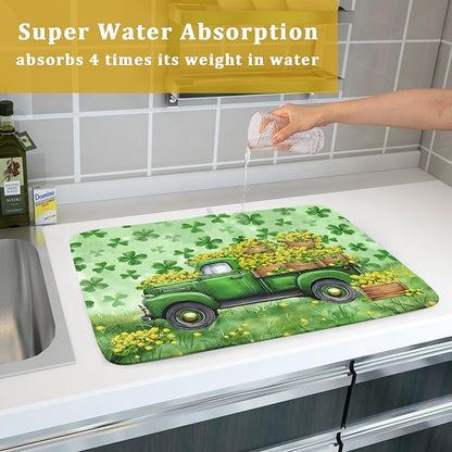 Green Holiday Dish Drying Mat Lucky Clover Truck Drying Mat