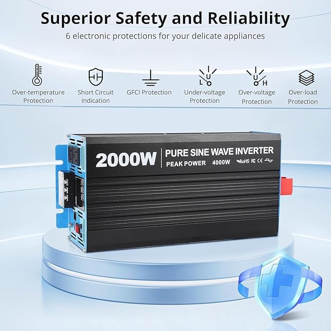 2000W Pure Sine Wave Inverter, 1 USB Port 5v/2.1a, LCD Display&Remote Controller