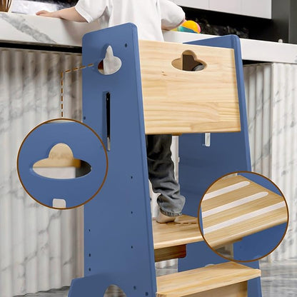 COSYLAND Toddler Standing Tower Adjustable Height - Super Stable Kids Kitchen Stool Helper - 3 Levels Adjustable Wooden Toddler Kitchen Stool (Natural & Navy Blue)