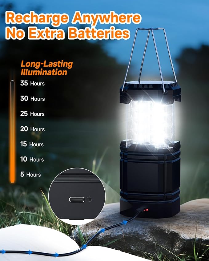 Solar Camping Lantern 4 Pack, Rechargeable LED Lantern with Flashlight, USB-C & Solar Powered, Collapsible Emergency Lights for Hurricane, Power Outages, Outdoor Use