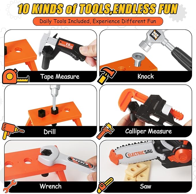 Kids Tool Set Toys, 48 Pcs Toddler Tool Set with Portable Tool Box, Electronic Toy Drill & Electric Chainsaw, Construction Tools Gifts for Boys Aged 3 4 5 6 7, Christmas Birthday Gifts for Toddlers