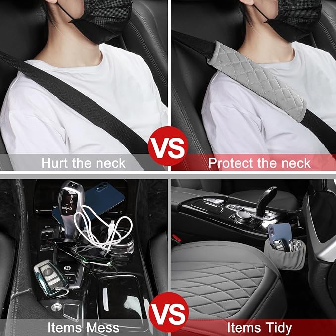 BEITK 2 Pack Leather Front Car Seat Covers, Universal Sideless Car Seat Protectors with Storage Pocket and Seat Belt Pads, Waterproof Automotive Seat Cover for Cars Trucks SUV(Grey)