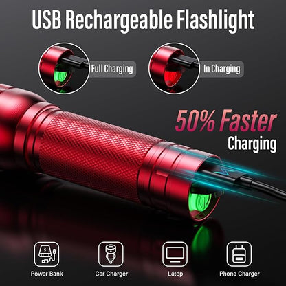 RECHOO Rechargeable Flashlights High Lumens, G1000 Super Bright Flash Light, Small Zoomable LED Flashlight with 3 Lighting Modes, Portable Tactical Flashlight, Gift for Women(Battery Included)-Red