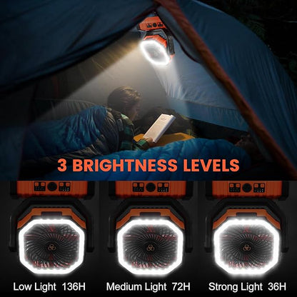 Odoland 30000mAh Camping Fan with LED Lantern, Rechargeable Battery Operated Oscillating with Remote Hook, Portable Tent Fan with Timer, 4 Speeds for Outdoor RV Jobsite Power Outage,Orange