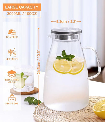 Glass Pitcher with Lid, 3 Liter 100oz Water Pitcher with Handle and Spout