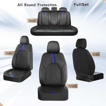 Coverado Full Set Car Seat Covers, Waterproof Front Seats Back Seat Cover, Leather Seat Covers Non-Slip Seat Protectors Universal Fit for Most Cars (Black-Blue)