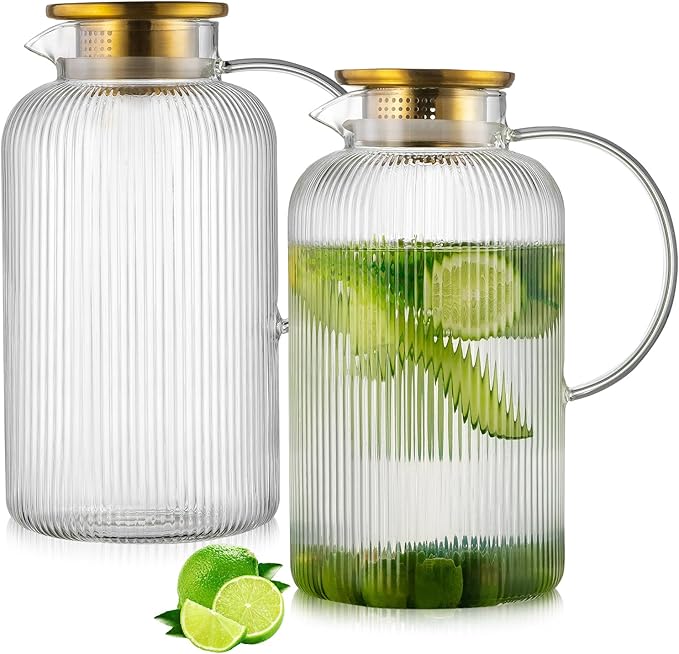 Buaic Glass Pitcher with Lid, 100 oz/ 3 Liter Classic Vertical Stripes Water