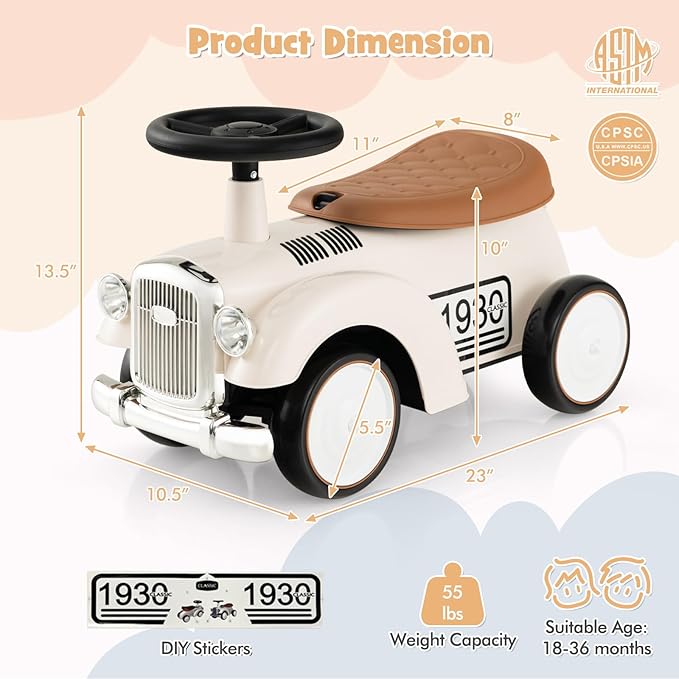 HONEY JOY Ride On Push Car, Outdoor Toddler Riding Toys w/Steering Wheel, Horn & Storage, Foot-to-Floor Sliding Car, No Batteries, Retro Baby Ride On Toys for Boys and Girls (White)