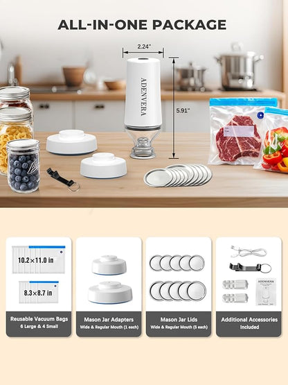 Handheld Vacuum Sealer for Food — Electric Vacuum Sealer Machine & Mason Jar Vacuum Sealer Kit with 10 Reusable Bags & 10 Mason Jar Lids, Portable & Rechargeable, Smart Auto-Stop, White