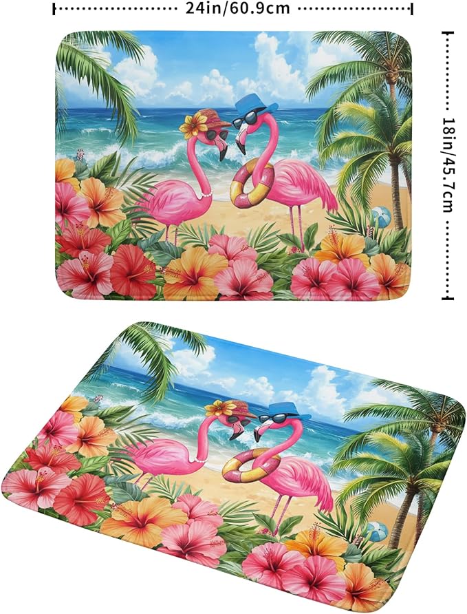 Summer Flamingos Dish Drying Mat 18x24 inch Tropical Beach Microfiber Washable