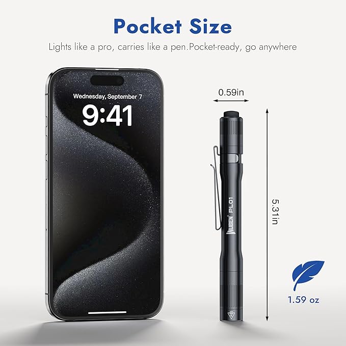 WUBEN PL01 Pen Light, 650 Lumens Pocket EDC Flashlight Rechargeable, Bright LED Pen Flashlight, IP68 Handheld Flash Lights, Compatible 2 AAA Battery for Home, Outdoor, Emergencies, Inspection