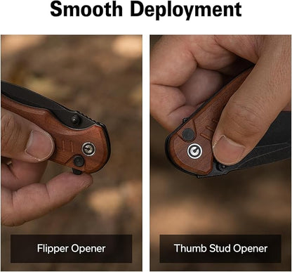 CIVIVI Triptych Folding Pocket Knife, 2.97" 14C28N Blade Wood Handle with Reversible Clip, Button Lock Knife for EDC Camping Hiking C23085B-3