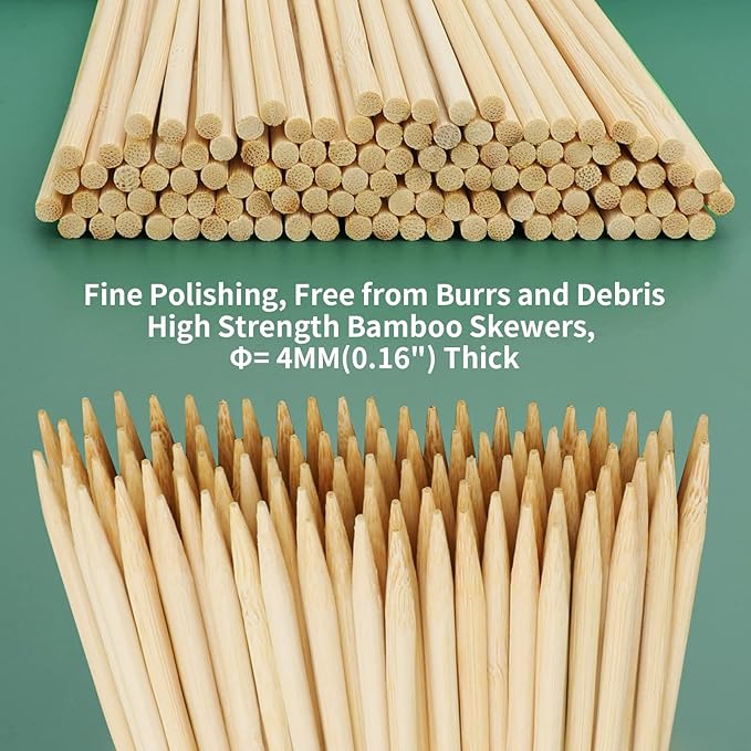 6" Bamboo Wood Skewers for BBQ, Kabob, Appetizer, Fruit, Sausage, Chocolate Fountain, Natural Wooden Barbecue Kebob Skewer Stick, Organic Food Sticks for Grilling, Kitchen (Φ=4mm Thick, 100PCS)