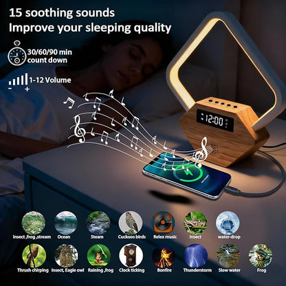 Wood Sunrise Alarm Clock with White Noise Machine 3 Color Night Light 15