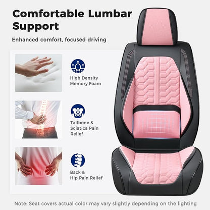 Huidasource Leather Seat Covers Full Set, Front and Rear Car Seat Covers, Full Wrap Automotive Car Seat Cushion Covers Protector Nappa Leather Fit for Most Cars SUV Trucks, Black & Pink