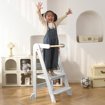 Foldable Toddler Tower 95% Preassembled Kitchen Stool Helper Folding Step Stool for Kids Montessori Toddler Standing Tower with 3 Adjustable Height Helper Tower for Kitchen Counter Sink White