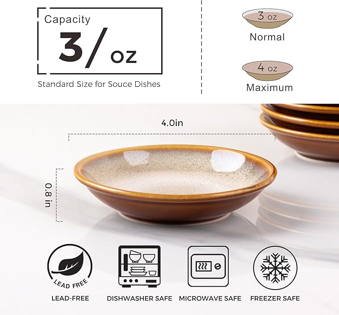 LERATIO Ceramic Soy Sauce Dishes of 6, Reactive Glaze Dipping Sauce Cups/Bowls for Kitchen, 3oz Small Bowls for Side Dishes, Snacks, Sushi, Condiment, Dishwasher Safe - Khaki