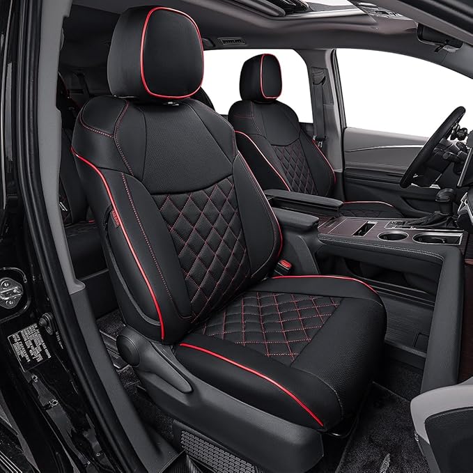 EKR Sienna Seat Covers for 2011-2020 Toyota Sienna LE,XLE, SE,XLE Premium 2nd Row 4/2/4 Split,8 Seats,Waterproof Car Seat Cover Full Set,Car Seat Protectors- Three Row,Leather(Black with Red Piping)