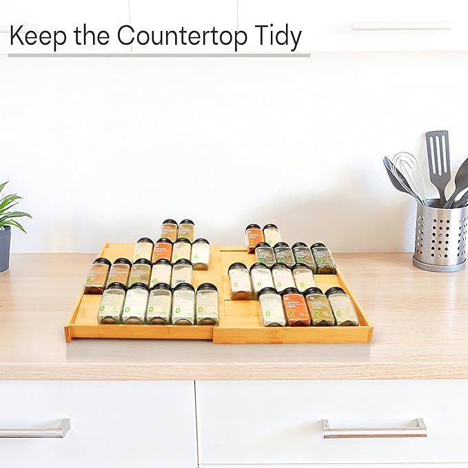 Bamboo Spice Drawer Organizer, Expandable 4 Tier Spice Rack