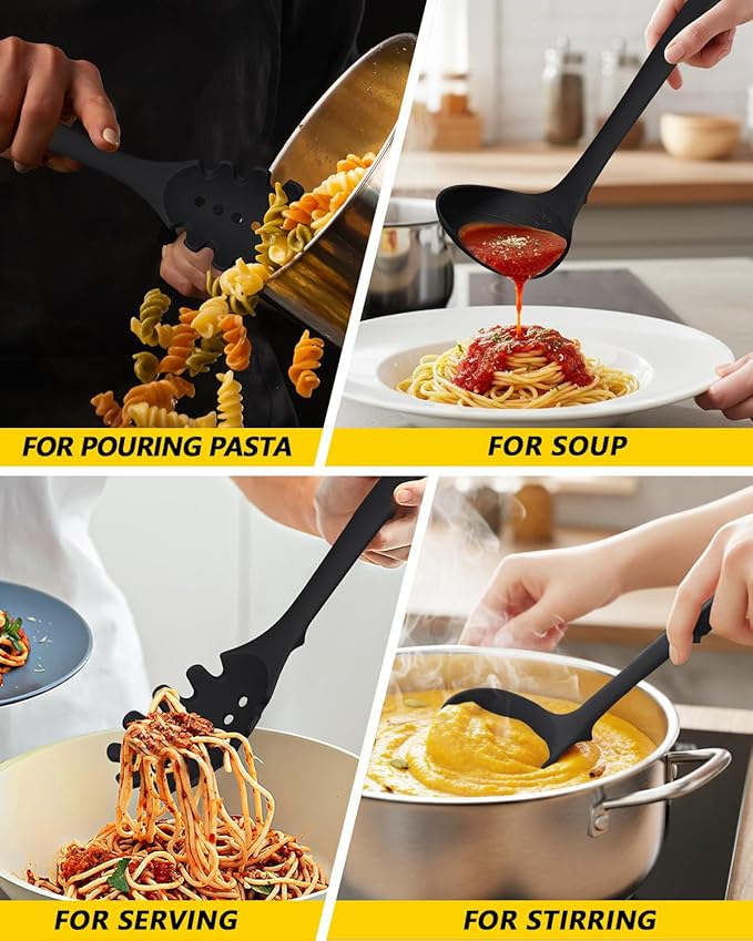 Silicone Pasta Fork and Soup Ladle Set, Heat Resistant Non Stick Kitchen