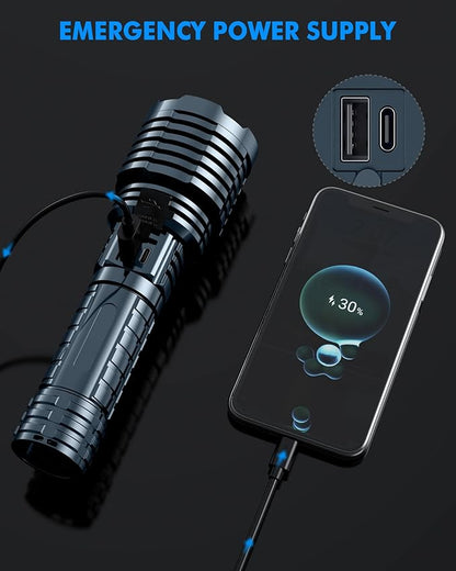 Super Bright Rechargeable LED Flashlights 5000.000High Lumens,Powerful Tactical Flashlight Up to 25H Long Battery Life|Zoomable|5Light Modes|IP67 Waterproof,Flashlights High Lumens for Camping (Grey)