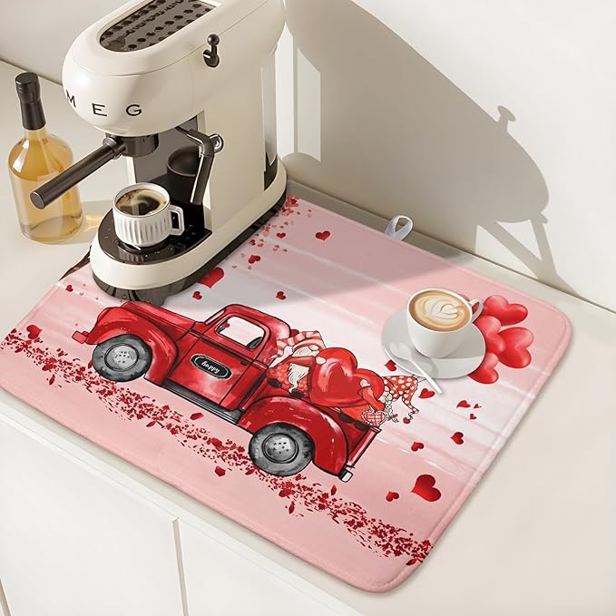 Valentine's Love Truck Dish Drying Mat, Valentine Red Gnomes Dish Drying Mat