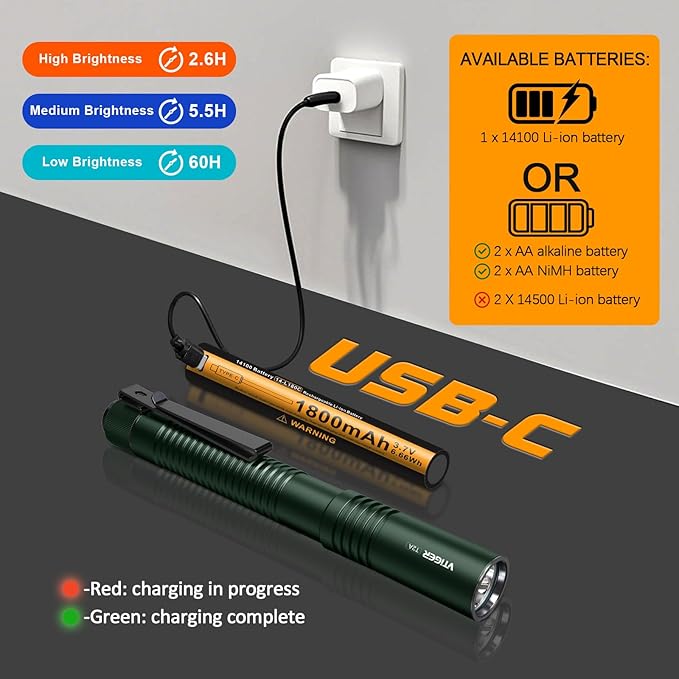 VTIGER T2A Compact EDC Flashlight,1500 High Lumens AA Rechargeable LED Flashlight, Super Bright Small Tactical Tail Switch Pocket Pen Light with Magnet for Camping,Hiking,Outdoor,Home,Emergency