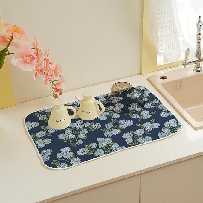 Navy Blue Dish Drying Mat 18x24 Inch Blue Green Vintage Floral Hydrangea Flower