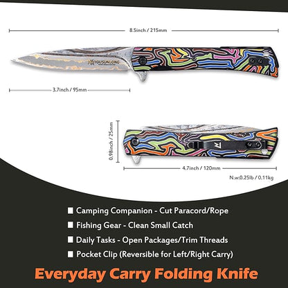 YOUSUNLONG Folding Knife Camping Knife - CuMai Damascus Steel Blade - Multicolored G10 Handle Cover