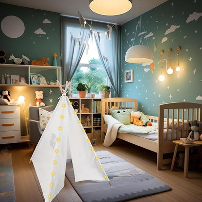 6 Packs Teepee Tent for Kids with 10ft String Lights, Indoor Play Teepee Tent for Girls & Boys, Foldable Tents for Birthday Party Boho Sleepovers Party Pajama Party (White)