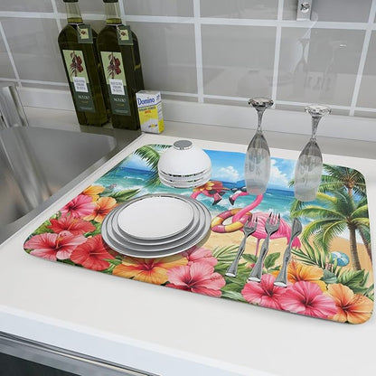 Summer Flamingos Dish Drying Mat 18x24 inch Tropical Beach Microfiber Washable