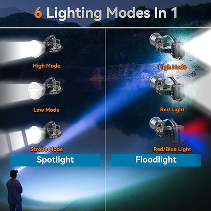 Super Bright LED Rechargeable Headlamp, 6 Adjustable Light Modes Waterproof Headlight, Constant Current Function, Lightweight Design with Yellow & Blue Lenses, Perfect for Camping, Hiking,Running
