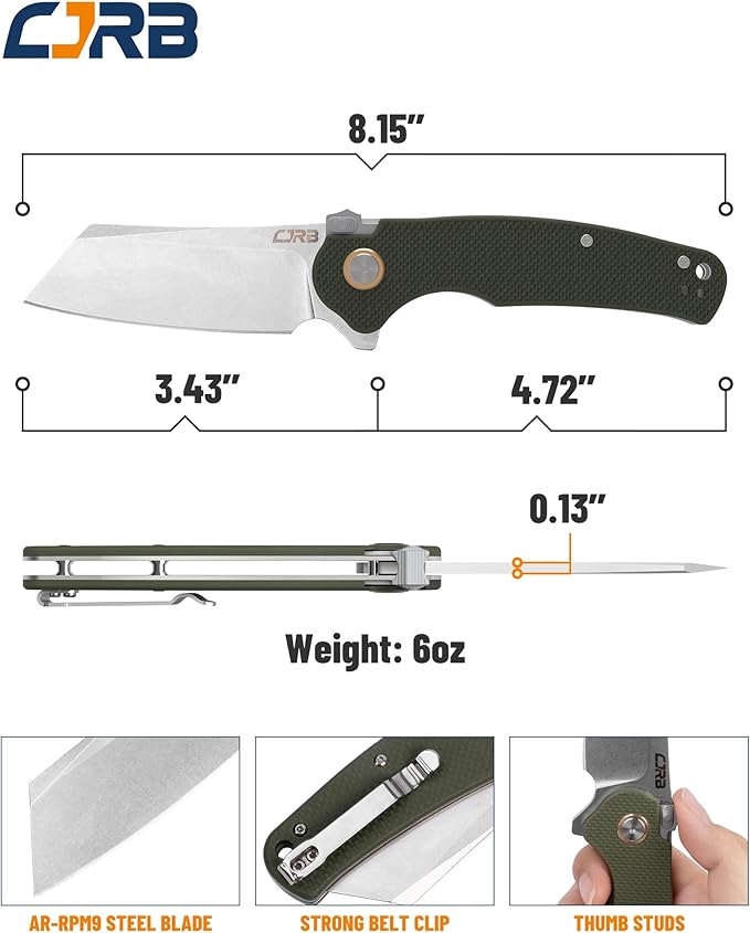 CJRB Crag Tactical Knife, Cleaver Pocket Folding Knife with Stonewash AR-RPM9 Steel Blade and G10 Handle for Men Outdoor, Survival, Camping and EDC (J1904R),Green