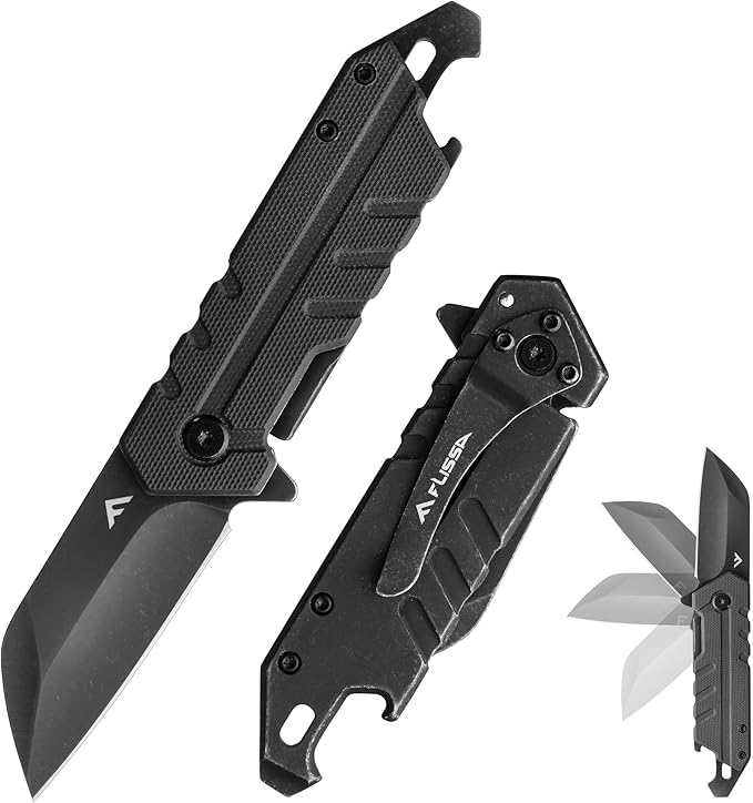 FLISSA 4.5" G10 handle folding knife, FLISSA Folding Knife, 4" Small Pocket Knife with Bottle Opener and Slotted Screwdriver, Dual Craftsman Handle, EDC Pocket Knife for Hunting, Survival, Camping and Outdoor Activities, Black