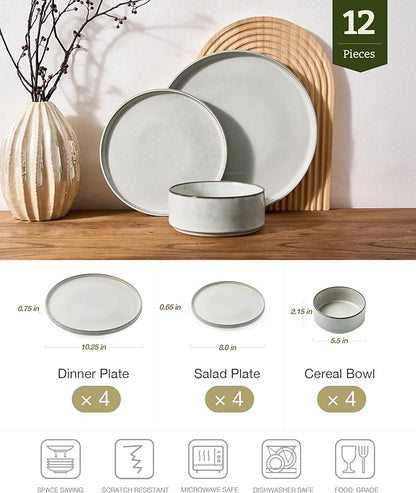 Famiware Annecy Plates and Bowls Sets, 12 Pieces Dinnerware Sets, Microwave and Dishwasher Safe Dishes Set for 4, Chip and Scratch Resistant, Grey-White