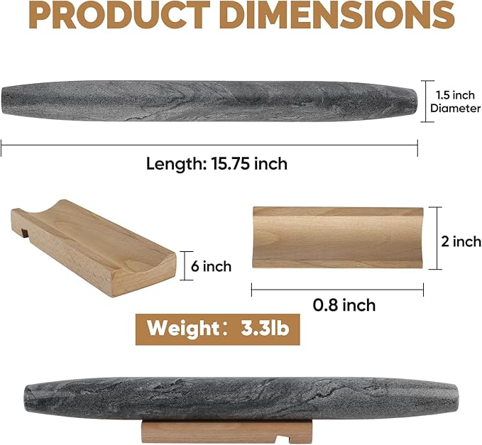 Koville African Natural Marble French Rolling Pin, 16inch Non-Stick Rolling Pin