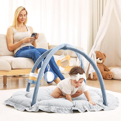 ANGELBLISS 5 in 1 Baby Play Gym Mat, Reversible Tummy Time Mat with 5 Sensory Toys for Stage-Based Developmental, Thick & Large Baby Activity Center from Newborn to Toddler (Dark Blue)