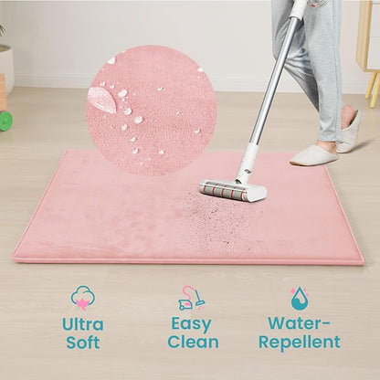 Baby Play Mat for Floor,1.3" Thick Elasti-Foam 50"×74" Playpen Mat for Tummy Time,Water Repellent Soft Coral Velvet for Toddler,Infant,Kids,Non-Slip Backing Safe for Crawling(Pink)