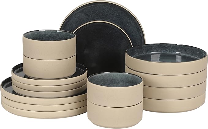 Gibson Elite Liberty Bay 16-Piece Pottery Clay Stoneware Dinnerware Set – Blue Reactive Glaze, Stackable Plates and Bowls W/Pasta Bowl, Service for 4 – Microwave & Dishwasher Safe