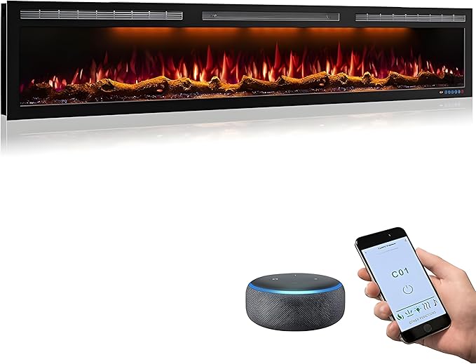 88 Inch WiFi-Enabled Electric Fireplace Inserts & Wall Mounted, Slim Electric