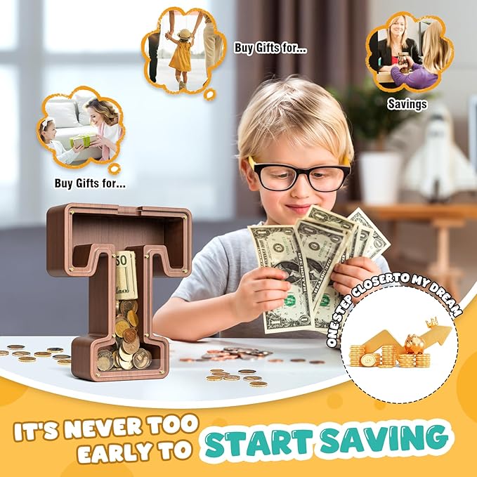 Summidate Wooden Letter Piggy Bank, Extra Thick Large Capacity Piggy Bank for Kids Boys Girls Toddler, Alphabet T Money Bank| Coin Box Birthday, Christmas, Festival