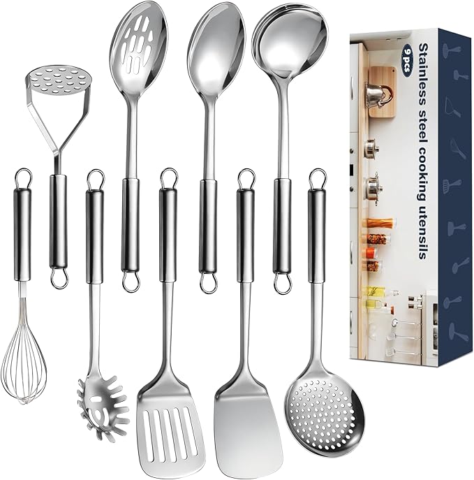 9 Pcs Cooking Utensils Set, Stainless Steel Kitchen Utensils, Heat Resistant
